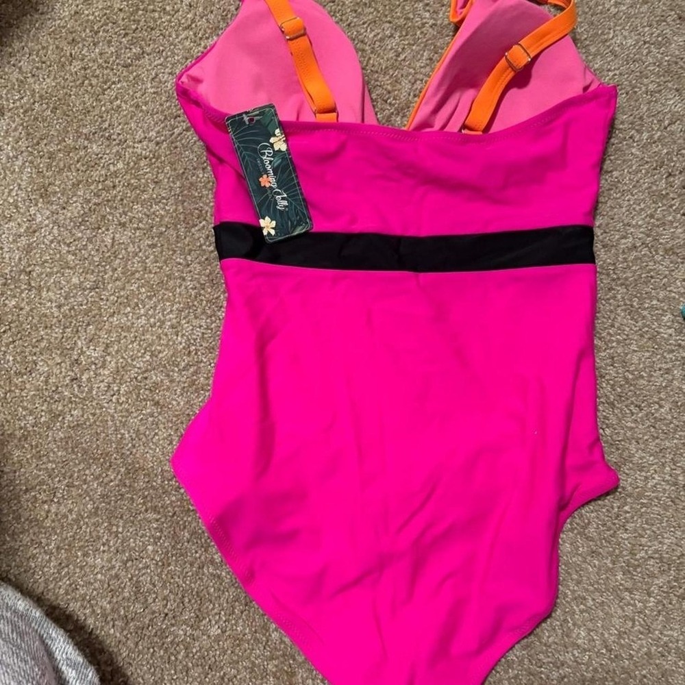 Blooming Jelly Womens Hot Pink‎ Colorblock Ruched V-Neck One Piece Swimsuit M - Picture 2 of 3